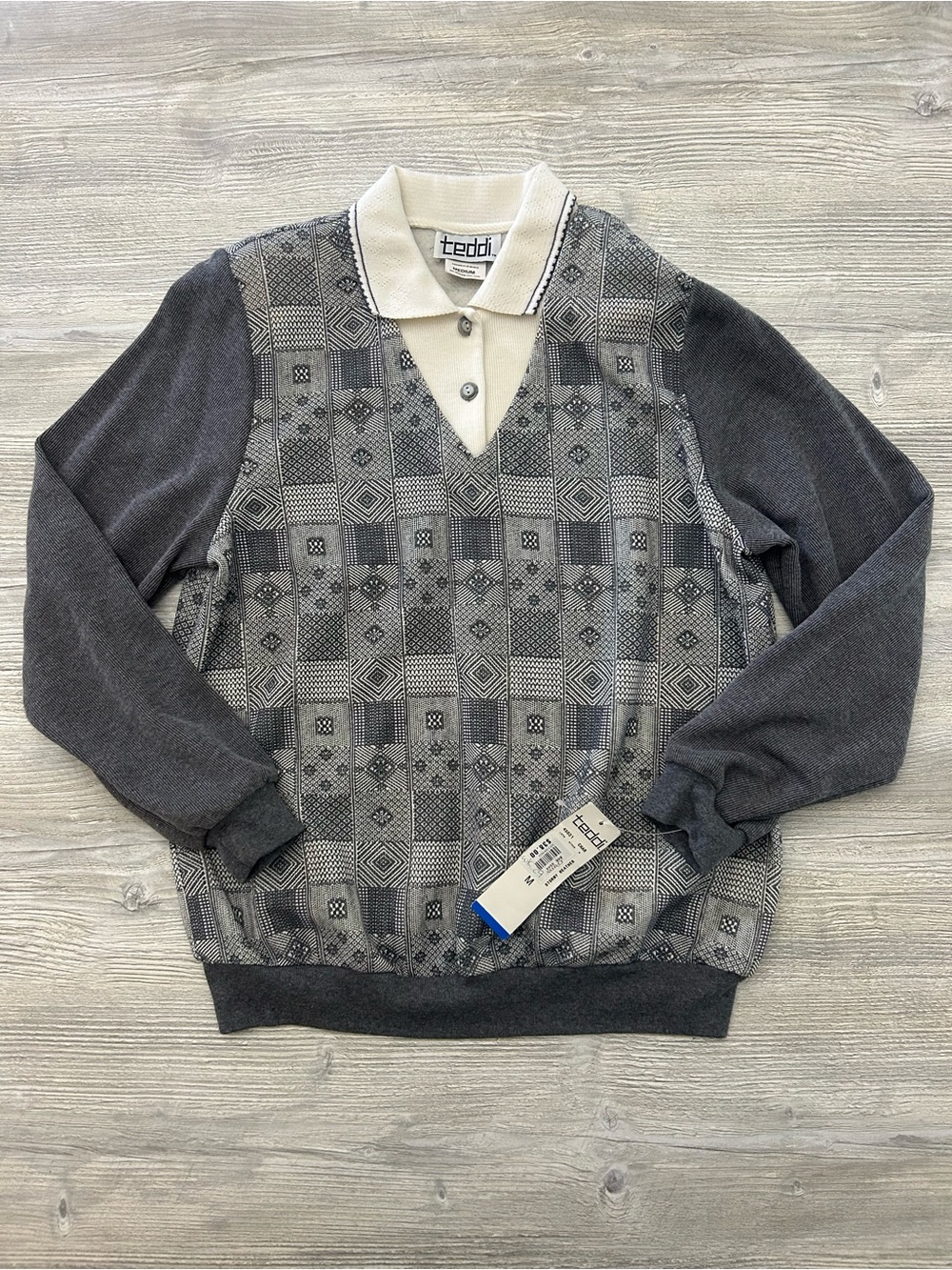 Vintage Teddi 2-Fer Patchwork Polo Sweater — "Stormy Heather" Medium